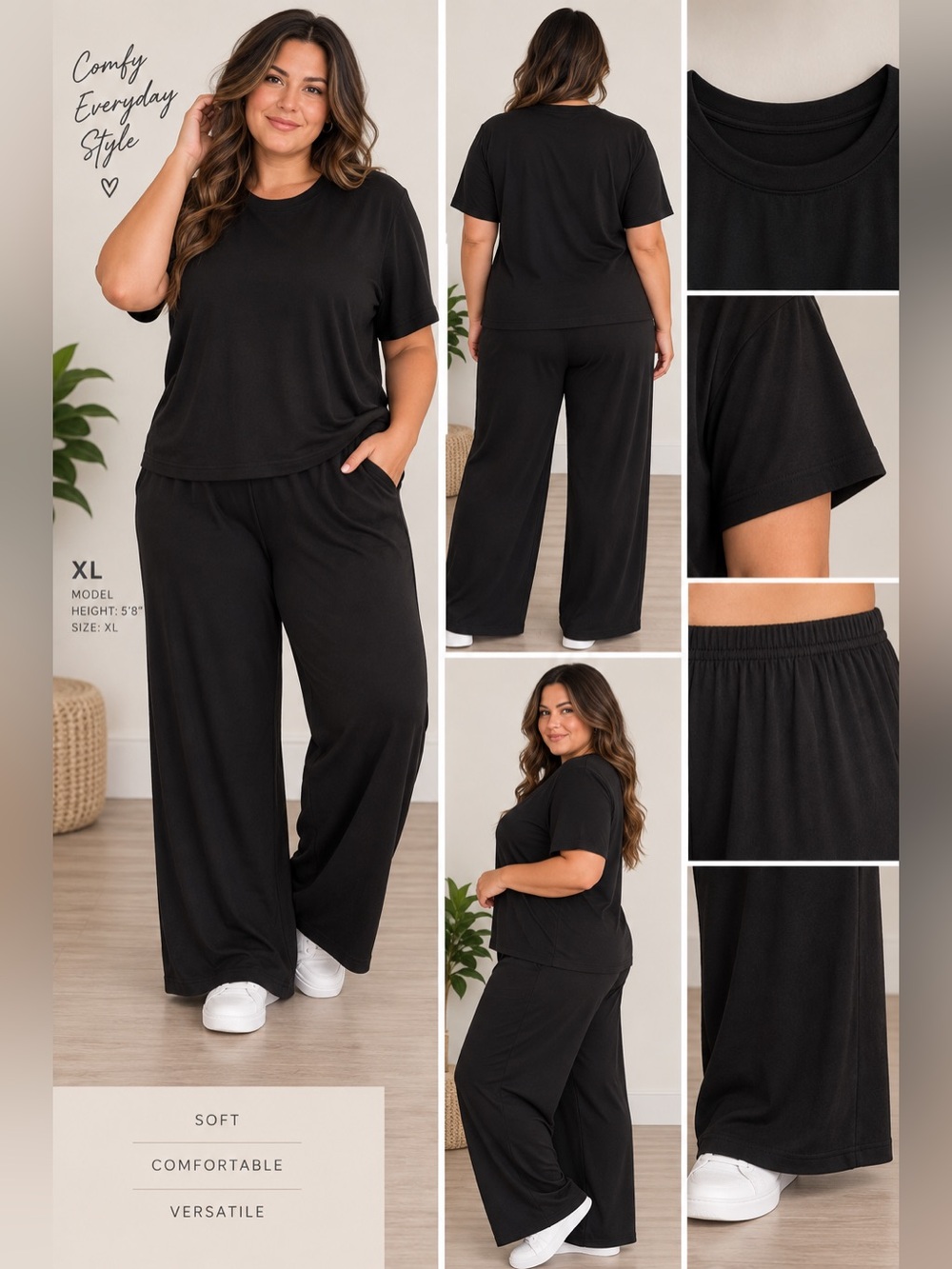 Everyday Soft Relaxed Black Wide-Leg Lounge Jumpsuit - Brand
